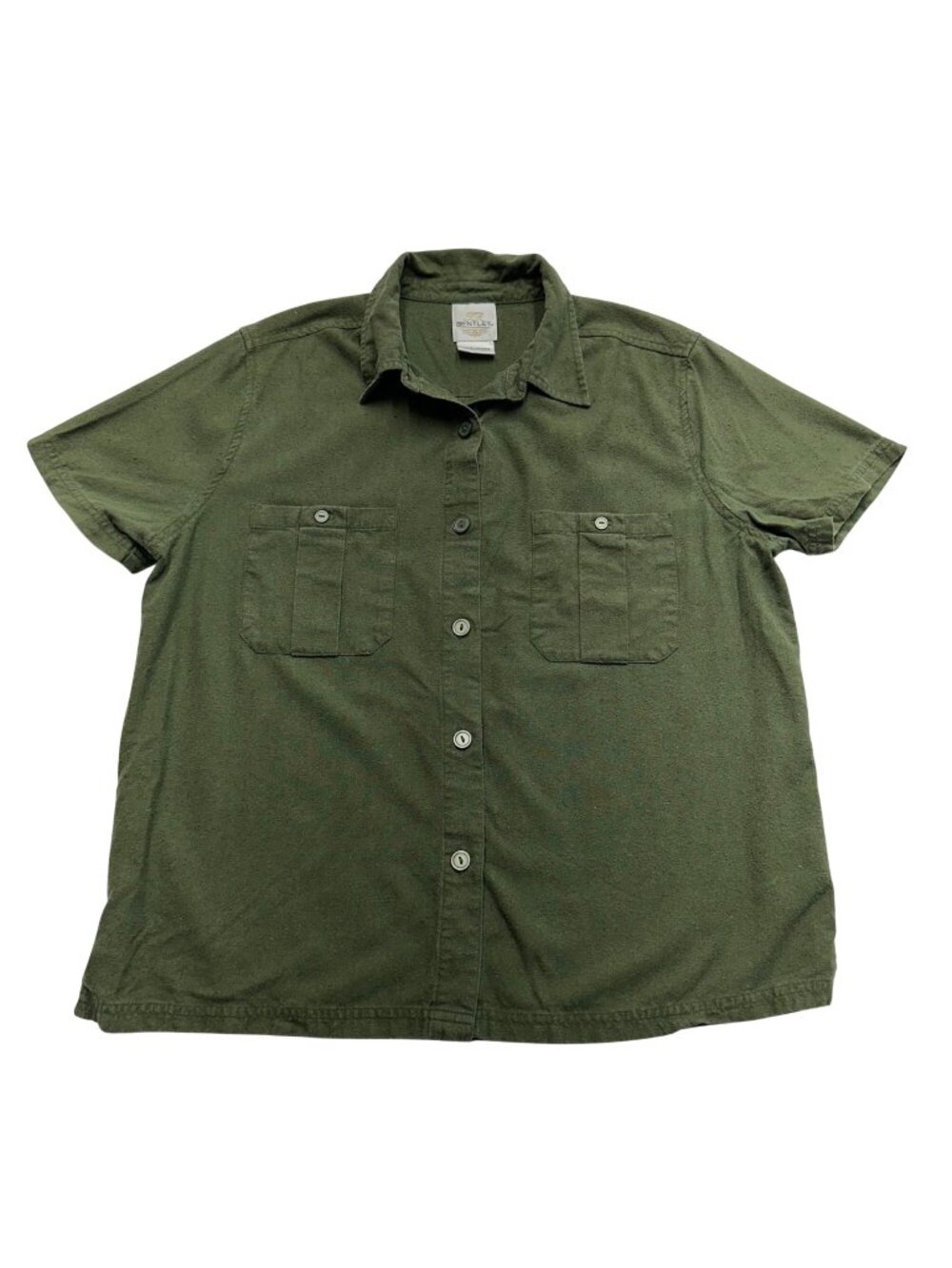100% Raw Silk Vintage Button Up Short Sleeve Top Womens Size Large Olive Green